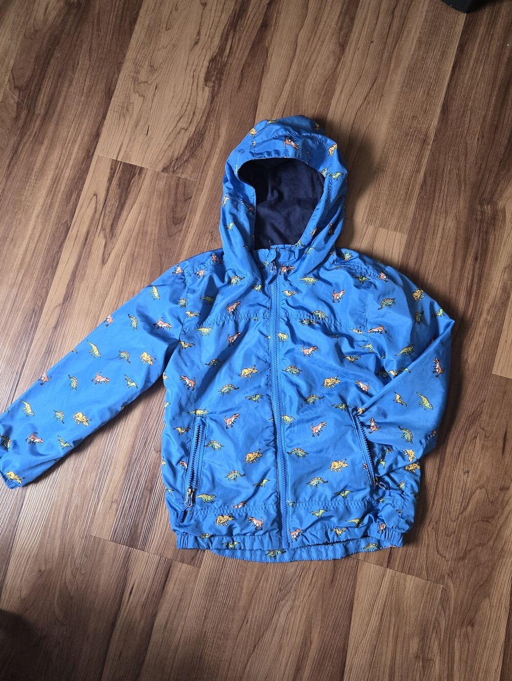 Kids 8 EUC Blue Dinosaur Print Hooded Full zip Jacket lined